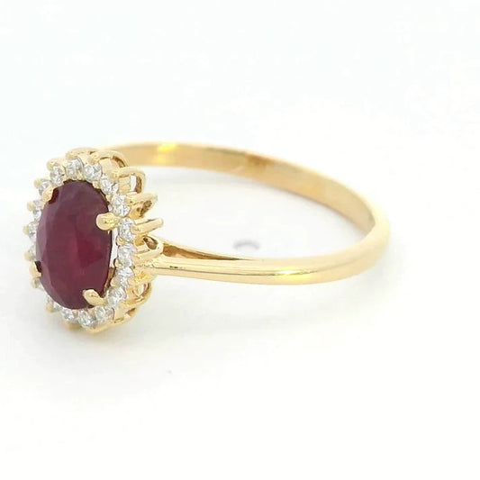1.30ct Oval-Cut Ruby & Diamond Halo Ring | 18K Yellow Gold