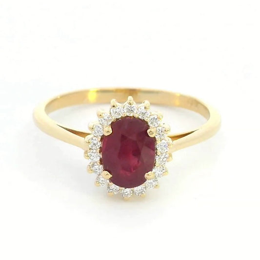 1.30ct Oval-Cut Ruby & Diamond Halo Ring | 18K Yellow Gold