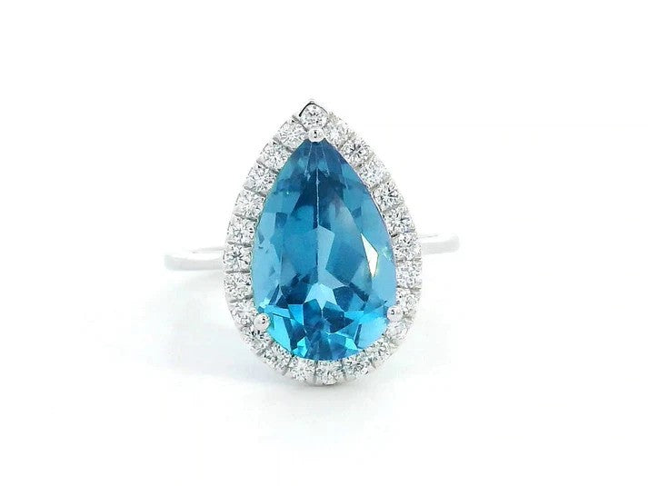 18K White Gold Pear-Cut London Blue Topaz Ring – 5.26ct Center with 0.41ct Diamond Halo