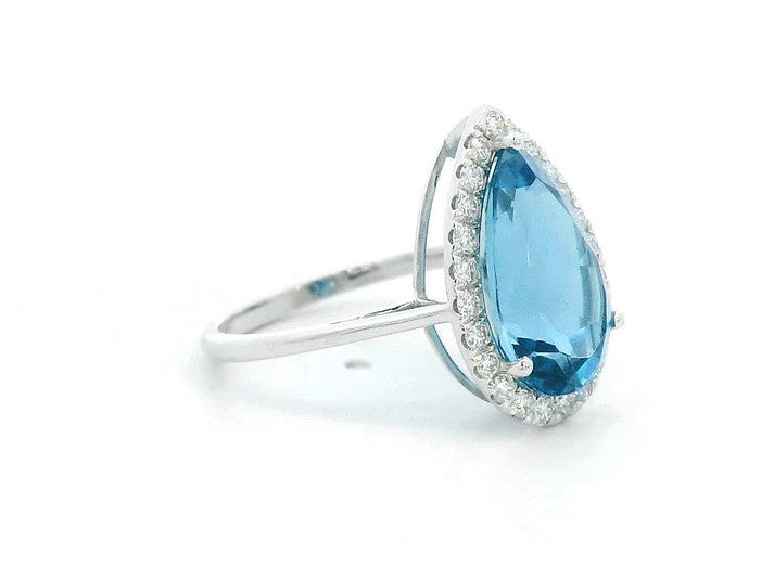 18K White Gold Pear-Cut London Blue Topaz Ring – 5.26ct Center with 0.41ct Diamond Halo