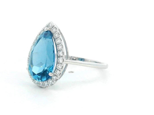 18K White Gold Pear-Cut London Blue Topaz Ring – 5.26ct Center with 0.41ct Diamond Halo