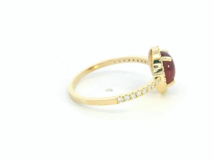 18K Yellow Gold Oval Cabochon Ruby Ring with Diamond Halo