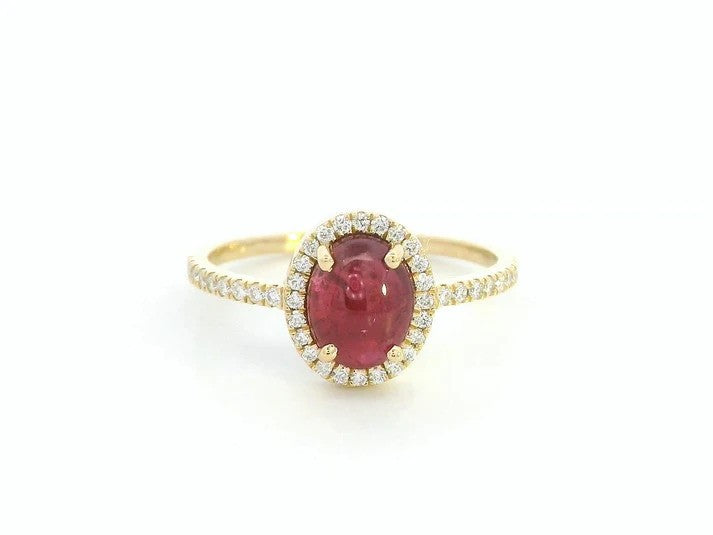 18K Yellow Gold Oval Cabochon Ruby Ring with Diamond Halo