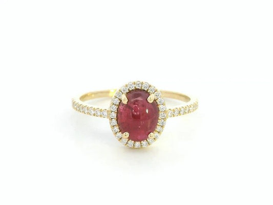 18K Yellow Gold Oval Cabochon Ruby Ring with Diamond Halo