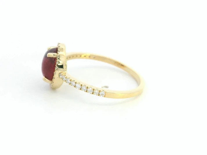 18K Yellow Gold Oval Cabochon Ruby Ring with Diamond Halo